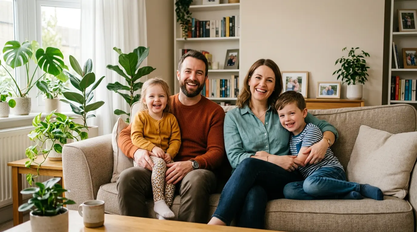 Happy family smiling together on a sofa in a bright living room